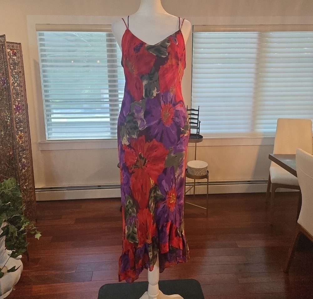 Y2K 100% Silk Floral Ruffle Slip Midi Dress Whimsical Fairy Sheath Vintage 8